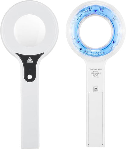 Portable Woods Lamp, Professional Woods Lamp Skin Analyzer, Rechargeable Pet Urine Detector, Built-in 3X Magnifying Mirror for Facial Skin Condition Test, w/Light Shield & Pouch