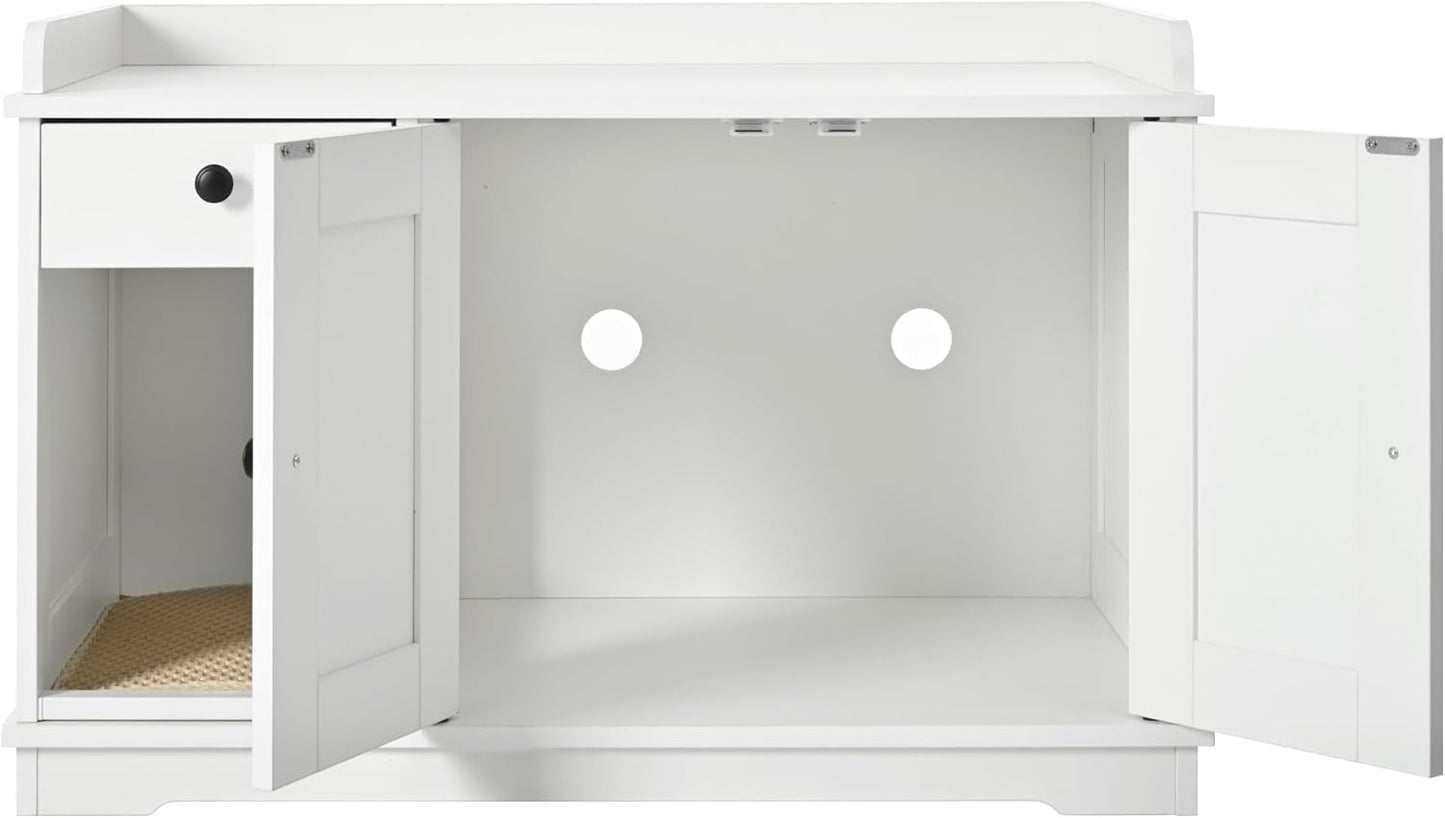 Merax Farmhouse Hidden Cat Litter Box Enclosure with Barn Door & Mat, Wooden Cat Washroom Furniture with Litter Box,Cat House with Storage Drawer Side Table Cabinet for Living Room, White