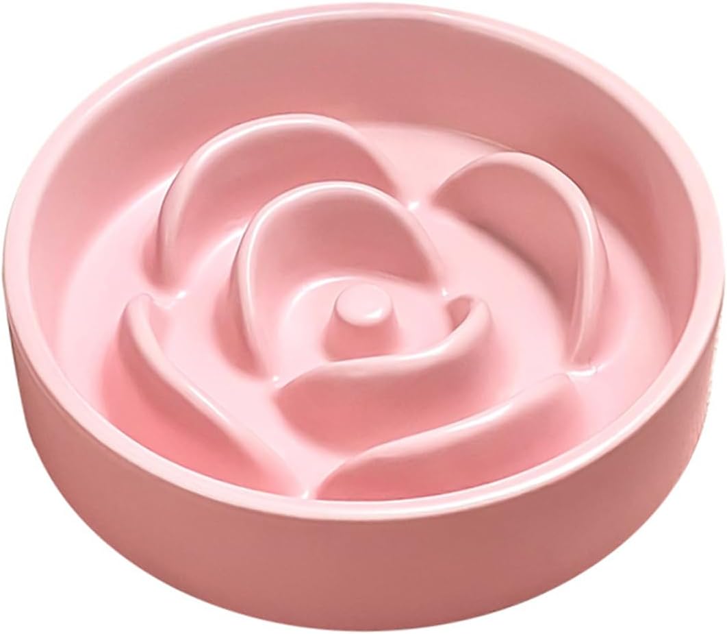 Ceramic Slow Feeder Cat Bowl, 6.1 Inch Pink Pet Food Dish for Small Dogs Puppies, Non-Slip Anti-Gulping Ceramic Dog Food Bowl, Cute Flower Design, 11.4oz Puppy Kitten Feeding Bowl
