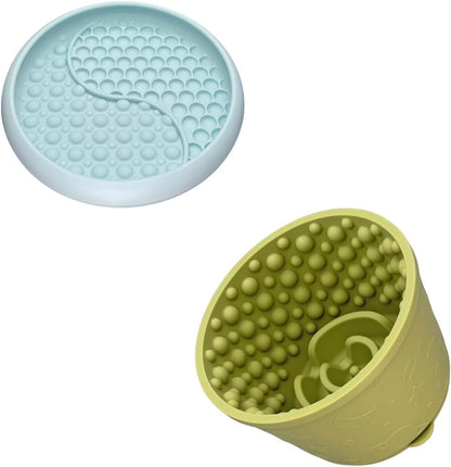 Slow Feeder Bowl Bundle: Mint Green Frozen Lick Mat (8.0" x 1.4") + Green Starry Sky Feeder (5.3" x 3.7"), Freeze-Friendly Lick Bowl with Suction Cups for Enrichment and Anxiety Relief