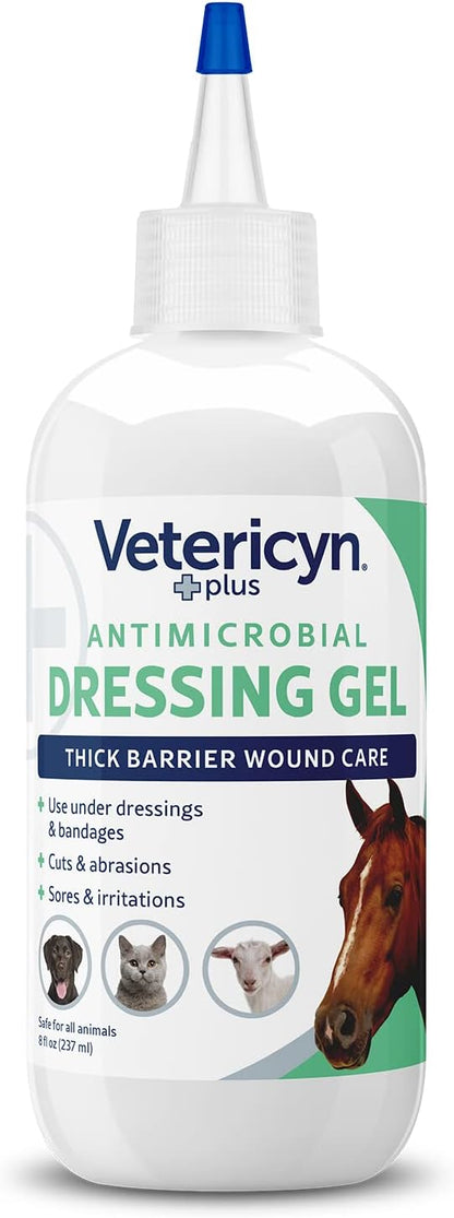 Vetericyn Plus Wound Dressing Gel for Animals| Thick Barrier Wound Care for Cats, Dogs, Horses, and Small Animals, Works on Wounds and Skin Irritations. 8 Ounces
