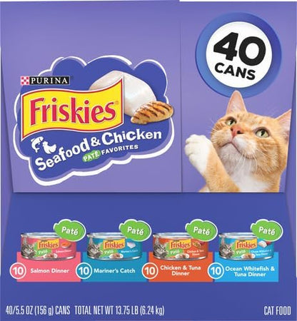 Friskies Purina Pate Wet Cat Food Variety Pack Seafood and Chicken Pate Favorites 40ct VP - (Pack of 80) 5.5 oz. Cans
