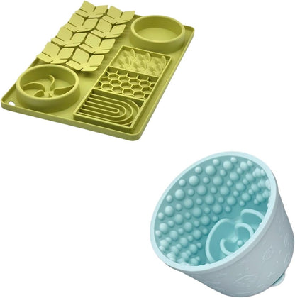 Slow Feeder Bowl Bundle: Green 4in1 Licking mat (15.75" x 10.5" x 1.2") + Mint Green Starry Sky Feeder (5.3" x 3.7"), Silicone Lick mat with Suction Cups for Slow Eating and Keep Busy
