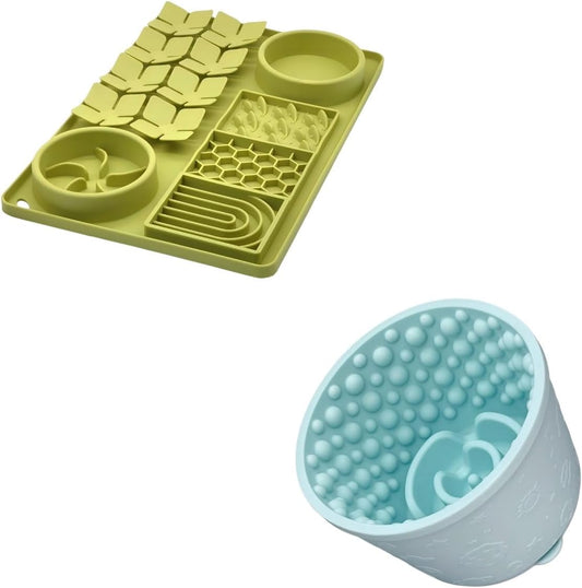 Slow Feeder Bowl Bundle: Green 4in1 Licking mat (15.75" x 10.5" x 1.2") + Mint Green Starry Sky Feeder (5.3" x 3.7"), Silicone Lick mat with Suction Cups for Slow Eating and Keep Busy