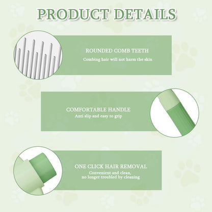 1PC Pet Grooming Comb with Self-Cleaning Button, Flea Cat and Dog Hair Brush for Loose Fur and Tangle Care, Metal Teeth Grooming Tool for Short and Long Coats, Easy-Clean Pet Brush