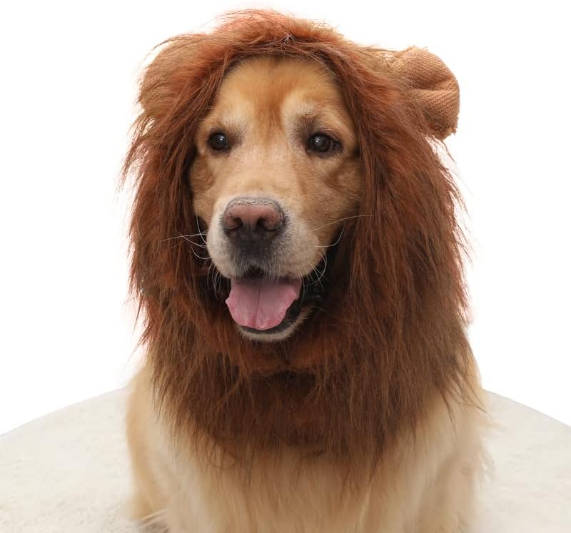 1-Set Premium Faux Fur Lion Mane Dog Costume with Tail, Adjustable Large Dog Halloween Costume, Realistic Pet Costume for Large Breeds, Perfect for Halloween & Photo Shoots (Coffee Brown)