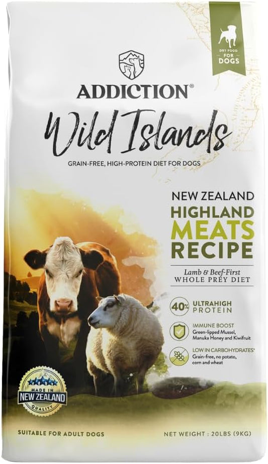 Addiction Wild Islands Highland Meats - Grass-Fed Lamb & Beef - Whole Prey Diet with Meat & Organ Meats - High-Protein Grain-Free Dry Dog Food for Adult Dogs - 20lbs