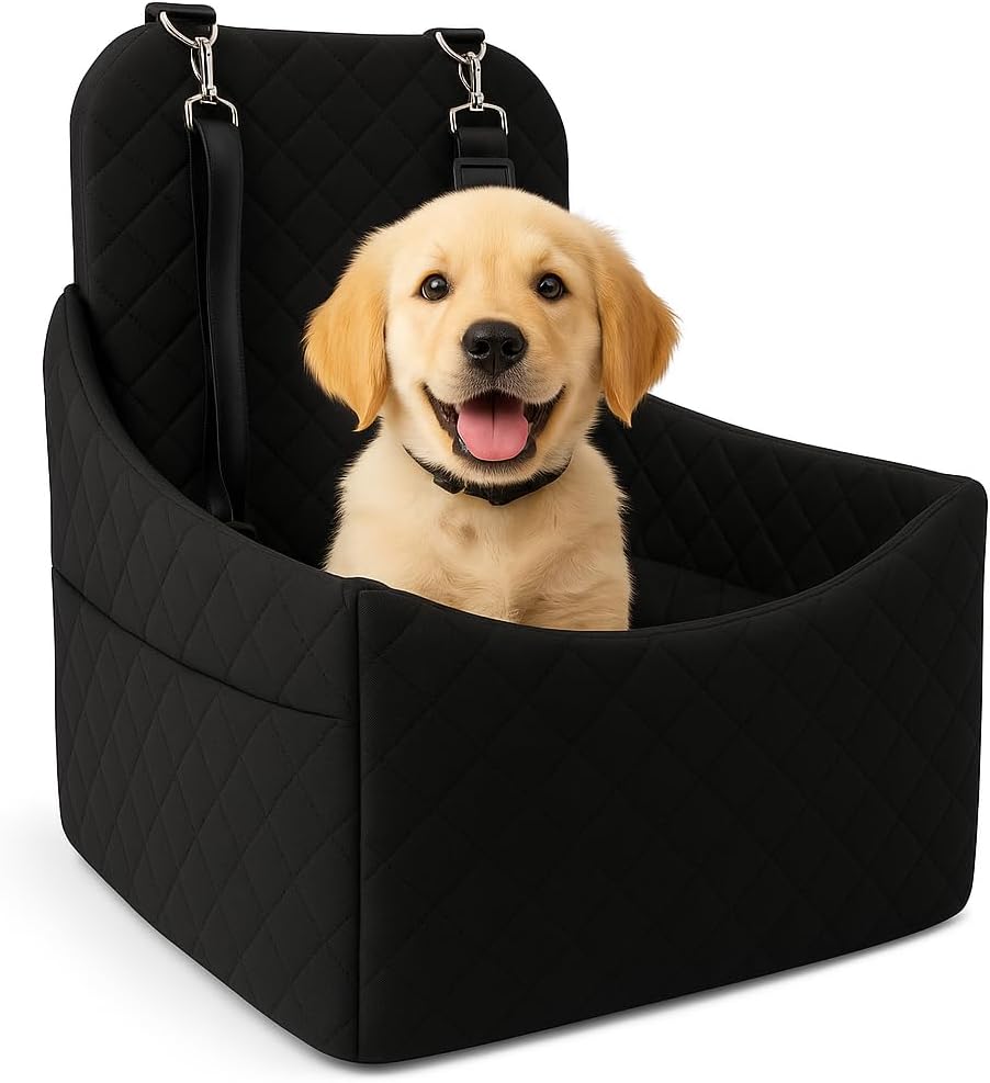 Elevated Dog Car Seat for Small/Medium Dogs up to 35 lbs, Memory Foam Pet Booster Seat with Detachable Washable Cover, Portable Travel-Safe Bed for Cars with Safety Belts and Storage Pockets