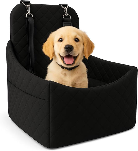 Elevated Dog Car Seat for Small/Medium Dogs up to 35 lbs, Memory Foam Pet Booster Seat with Detachable Washable Cover, Portable Travel-Safe Bed for Cars with Safety Belts and Storage Pockets
