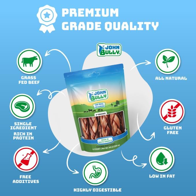 John Bully Collagen Braided 6" 6PK, The Best Option for Your Dog, 100% Natural, Rich in Protein, Highly Digestible, Gluten Free,Premium Grade Quality,Odor Free The Real Collagen