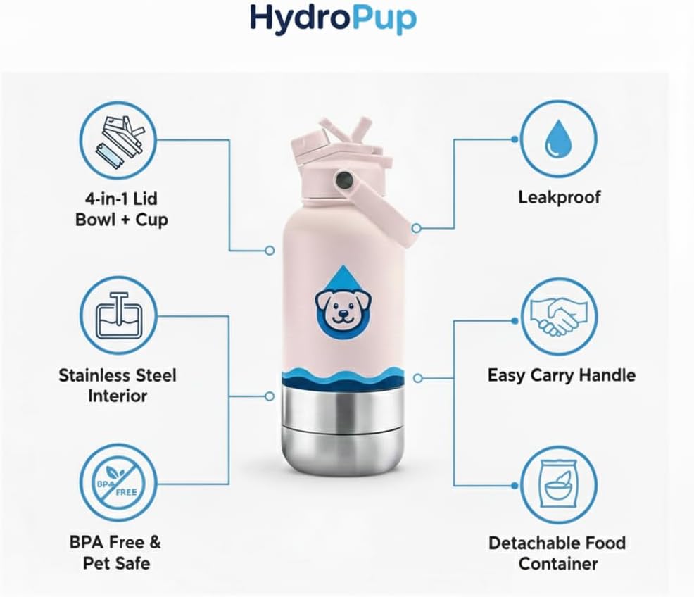32 OZ Sainless Steel Dog Water Bottle with Lid-HydroPup (Pink)
