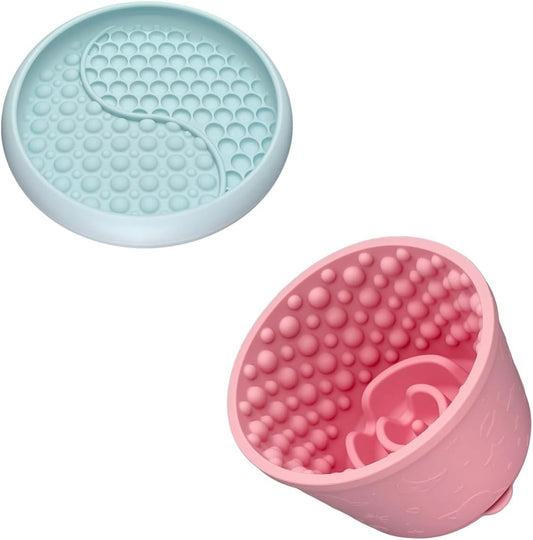 Slow Feeder Bowl Bundle: Mint Green Frozen Lick Mat (8.0" x 1.4") + Pink Starry Sky Feeder (5.3" x 3.7"), Freeze-Friendly Lick Bowl with Suction Cups for Enrichment and Anxiety Relief