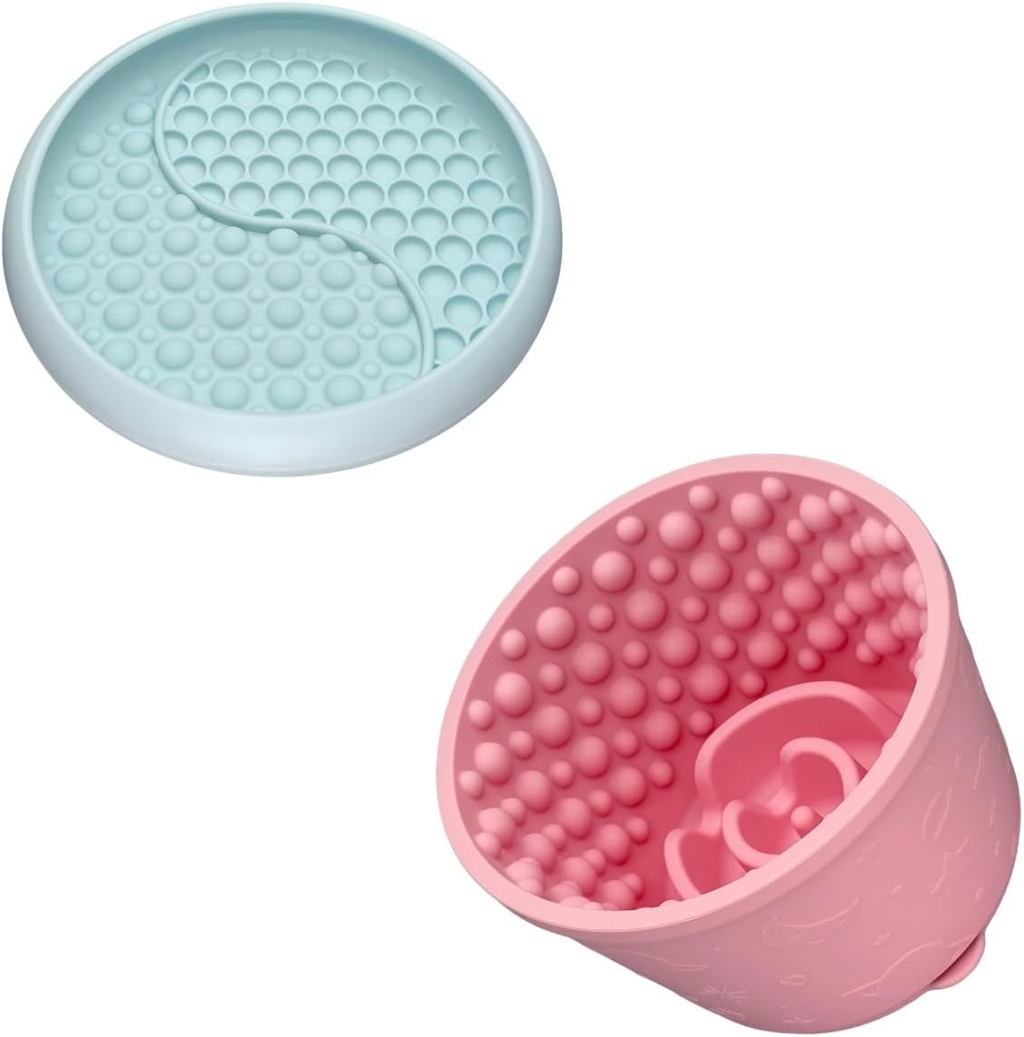 Slow Feeder Bowl Bundle: Mint Green Frozen Lick Mat (8.0" x 1.4") + Pink Starry Sky Feeder (5.3" x 3.7"), Freeze-Friendly Lick Bowl with Suction Cups for Enrichment and Anxiety Relief