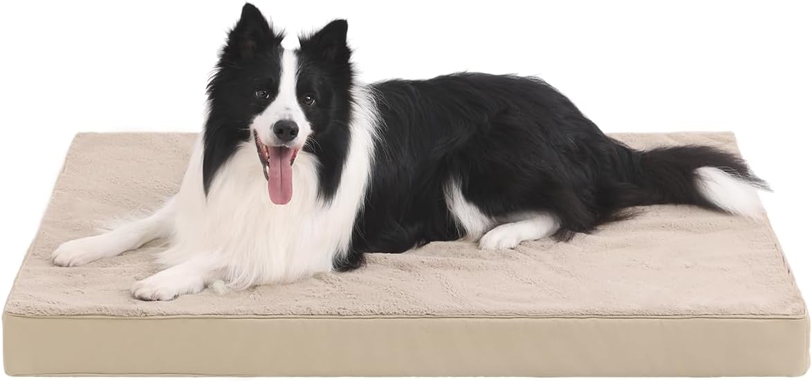KSIIA Orthopedic Dog Bed Crate Waterproof Pet Mats for Large Dogs Deluxe Plush Washable Pet Bed with Egg Crate Foam & Removable Cover, 41 x 27 Inch, Khaki