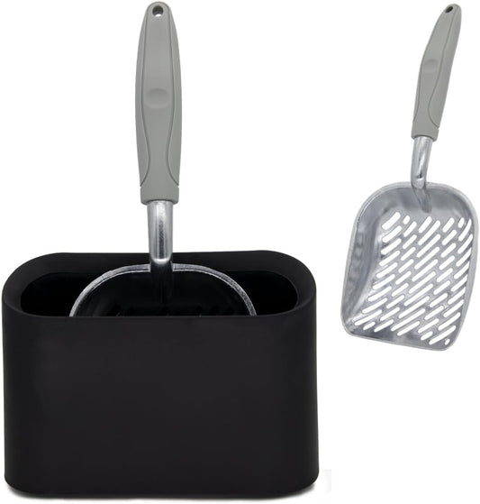 Metal Cat Litter Scoop with Holder, Aluminum Cats Litter Scooper Captures All Clumps, Heavy Duty Metal Kitty Scoopers with Holder, Cat Metal Scoop and Holder (Black)