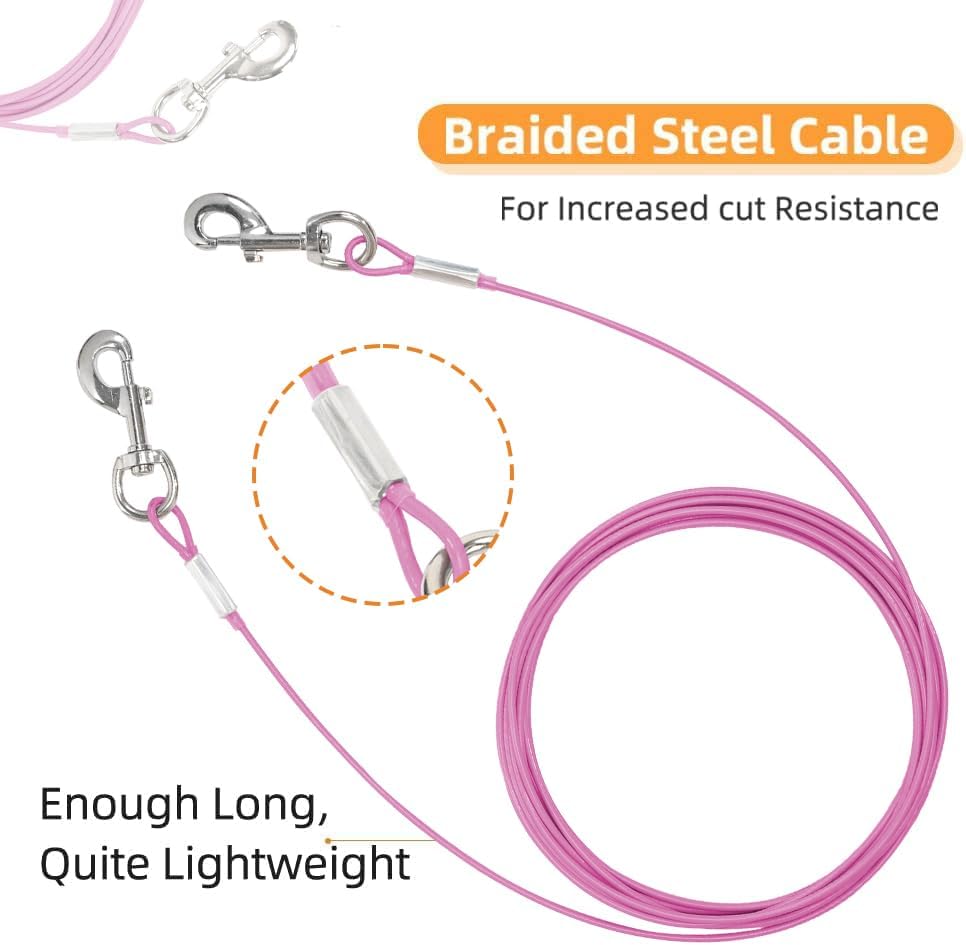 10FT Dog Tie-Out Cable for Small Dogs Up to 60 lbs - Chain Steel Dog Lead with Durable Clips, Outdoor Runner for Outside and Yard Tether (Pink, 60Ibs 20ft)