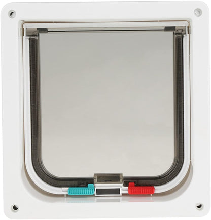 Lockable Pet Door with 4 Way Control, Small Dog Cat Flap, White Plastic L Size 23.5x25.2cm - Weatherproof Double Flap, Easy DIY Installation, Ideal for Indoor and Outdoor Use