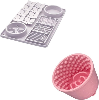 Slow Feeder Bowl Bundle: Lavender Gray 4in1 Licking mat (15.75" x 10.5" x 1.2") + Pink Starry Sky Feeder (5.3" x 3.7"), Silicone Lick mat with Suction Cups for Slow Eating and Keep Busy