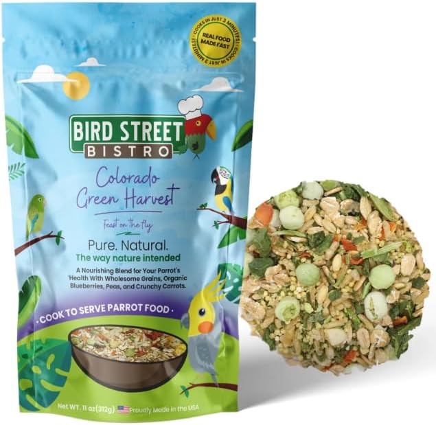 Bird Street Bistro Parrot Food - Parrot Food - Cooks in 3-15 min w/Natural & Organic Grains, Legumes, Non-GMO Fruits, Vegetables & Health-Oriented Spices.