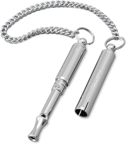 ACME original 'silent' dog training whistle no. 535. Adjustable frequency. Instruction leaflet included. Made in the UK. Good sound quality. Weather-proof. Solid brass with nickel plated finish