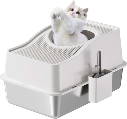 Stainless Steel Enclosed Cat Litter Box with High Sided Lid – Odor Control, Easy Clean Detachable Tray, Litter Mat & Scoop, Anti-Splash Hidden Cat Furniture for Kittens & Adult Cats