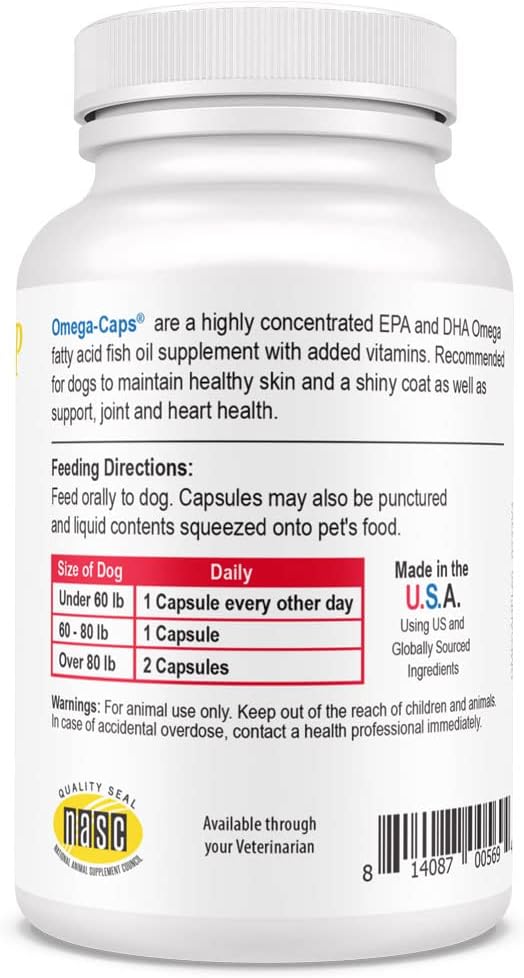 Omega Caps HP Snip Tips for Medium and Large Dogs High Potency EPA and DHA Maximum Bioavailability Fish Oil Supplement Vet Formulated Made in USA Skin Coat Joint and Heart Health 60 Capsules