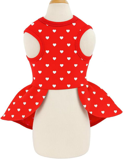 Valentine's Day Red Dog Dress, Cute White Heart Print & Satin Bow for Small Puppies, Pet Costume Party Outfit