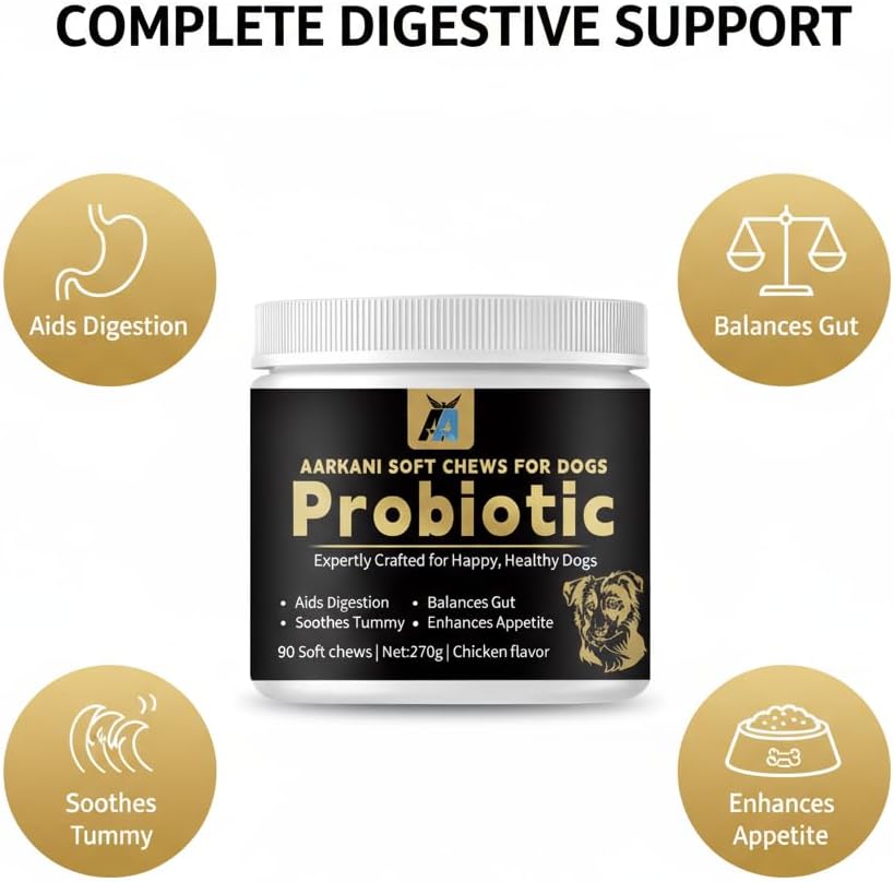 Aarkani Probiotic Supplement for Dogs – Promotes Digestive Health, Soothes Stomach, and Boosts Immunity – Chicken Flavor – Vet-Formulated– 90 Soft Chews