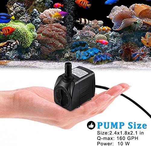 PULACO 160GPH Small Fountain Pump, Ultra Quiet Submersible Water Pump (600L/H, 10Watt) with 3.3 ft Tubing for Aquariums, Pond Fountain, Water Feature, Indoor Fountains