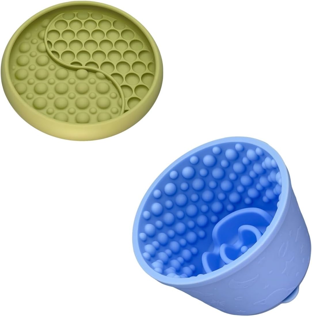 Slow Feeder Bowl Bundle: Green Frozen Lick Mat (6.0" x 1.0") + Light Blue Starry Sky Feeder (4.3" x 2.9"), Freeze-Friendly Lick Bowl with Suction Cups for Enrichment and Anxiety Relief