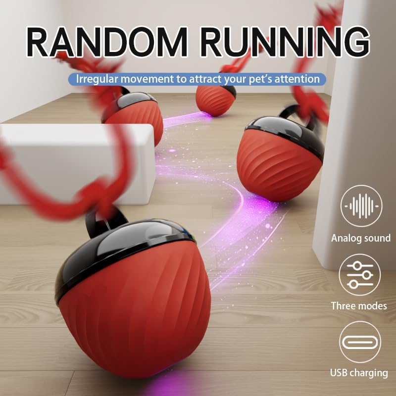 Smart Interactive Pet Toy Ball with USB Charging, 3 Modes Automatic Moving Bouncing Ball with Rope for Dogs and Cats, Red