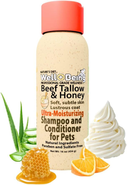 Well-Being Ultra-Moisturizing Beef Tallow and Manuka Honey Shampoo and Conditioner for Dogs and Cats Subtle Skin, Lustrous Coat Stops Itching, Rich in Fatty Acids, Nutrients 16 Ounces