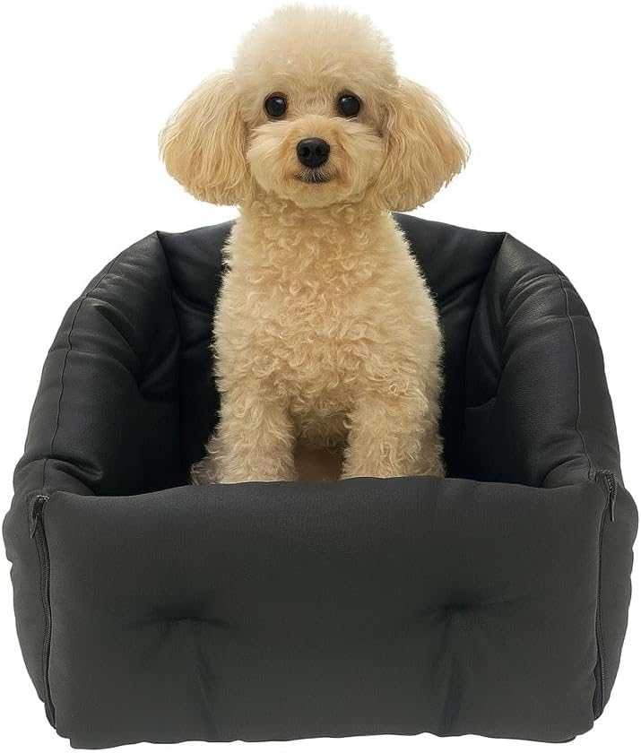 Dog Car Seat for Small Dogs, Travel Booster Bed with Safety Belt, Eco Leather Pet Seat, Black