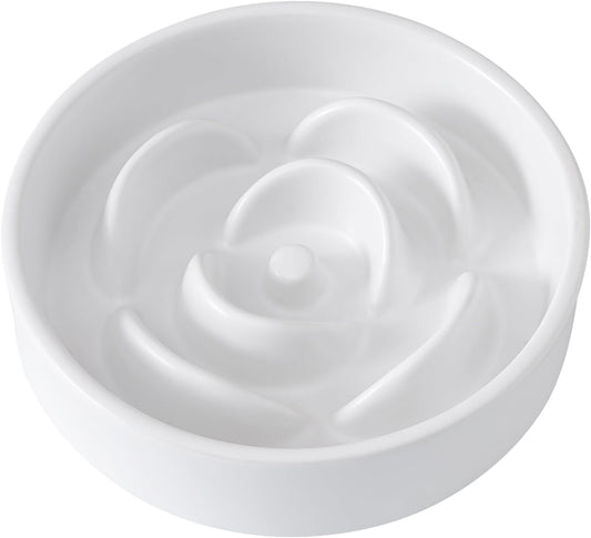 6'' Ceramic Slow Feeder Dog Bowls - Petal Shape Modern Dog Food Dish for Cats and Small Breed Dogs, Puzzle Maze Bowl to Slow Down Eating, Anti-Gulping, Dishwasher & Microwave Safe, White