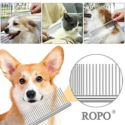 CWXZSTM Pet Steel Combs Dog Cat Comb Tool for Removing Matted Fur - Pet Dematting Comb with Rounded Teeth and Non-Slip Grip Handle - Prevents Knots and Mats for Long and Short Haired Pets,6.5IN/7.4IN