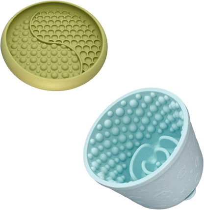 Slow Feeder Bowl Bundle: Green Frozen Lick Mat (8.0" x 1.4") + Mint Green Starry Sky Feeder (5.3" x 3.7"), Freeze-Friendly Lick Bowl with Suction Cups for Enrichment and Anxiety Relief