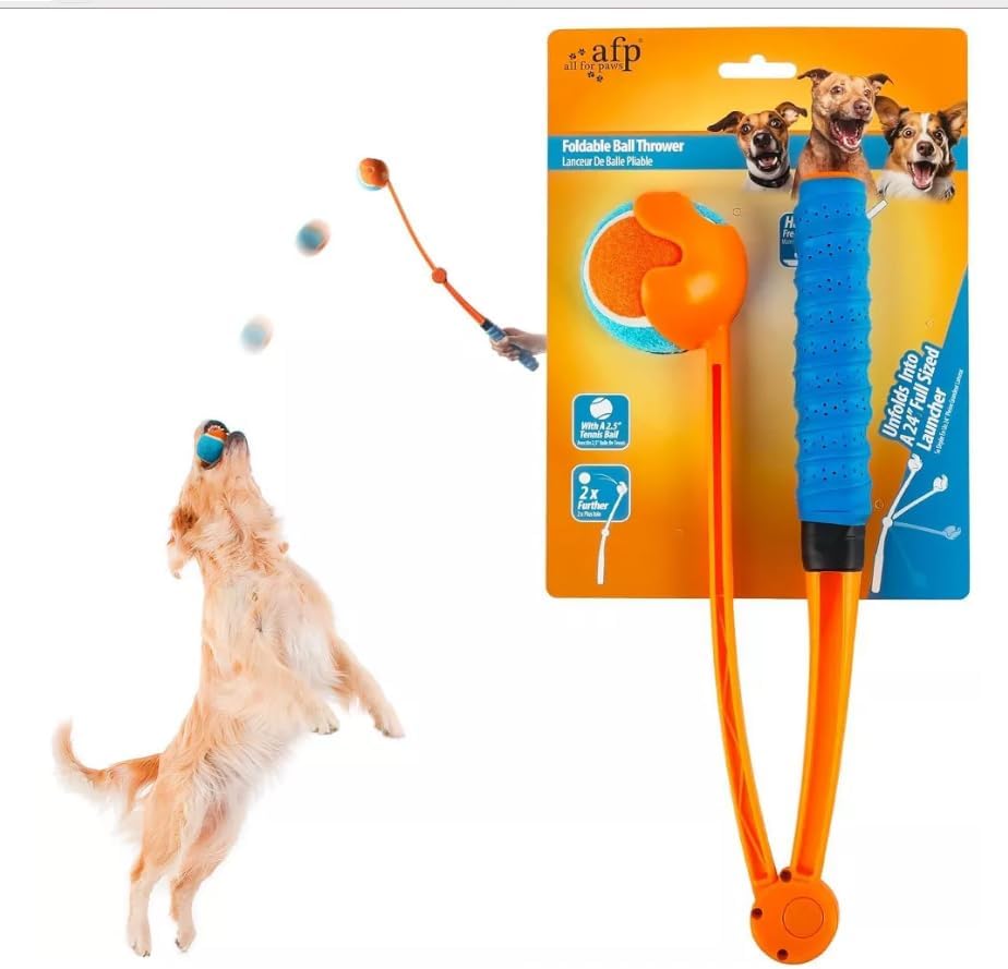 25“Dog Ball Launcher, Foldable Tennis Ball Thrower with Soft and Comfortable Tennis Racket-Like Handle Grip, 2.5 inch Ball Included