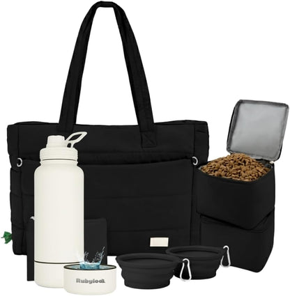 rubyloo Dog Mom Essentials Bundle - Puffer Tote with Storage Containers (Black) and 32 oz Water Bottle with Detachable Bowl (Solid Cream) - Travel Bag and Hydration Set
