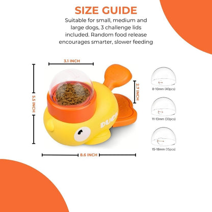 Dog Interactive Treat Dispenser Toy - Anti-Slip Duck Slow Puzzle Feeder for Dogs & Cats - 3 Challenge Lids for IQ Training, Mental Enrichment for Small, Medium & Large Dogs