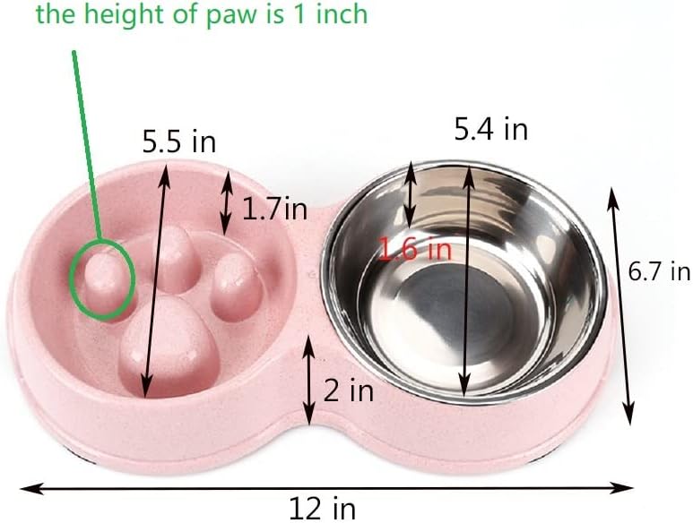 Slow Feeder Dog cat Double Bowl Stainless Steel and Anti-Choking Pink