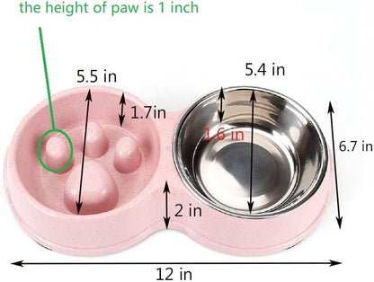 Slow Feeder Dog cat Double Bowl Stainless Steel and Anti-Choking Pink