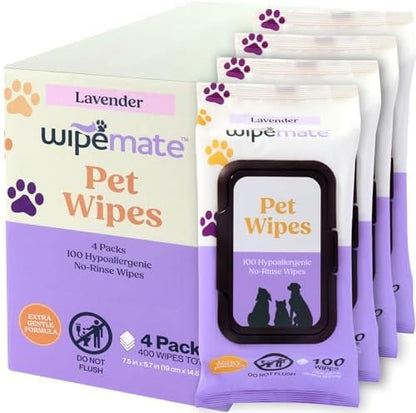 WIPEMATE Lavender XL Pet Wipes for Medium to Large Dogs & Cats, No-Rinse Solution, Hypoallergenic, Gentle, Deodorizing - Pet Wipes for Cleans Paws, Ears, Fur, Butt, & Anal Glands (100 ct)