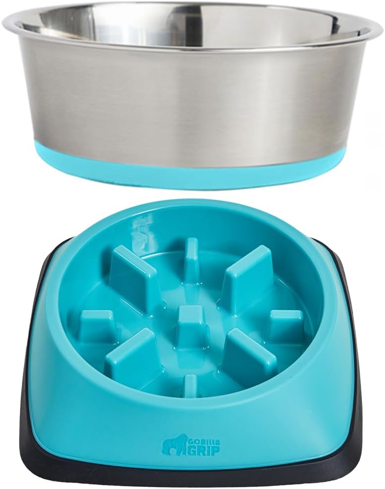 GORILLA GRIP Stainless Steel Dog Bowls, 1Cup, Turquoise and Slow Feeder, 1Cup, Turquoise Bundle