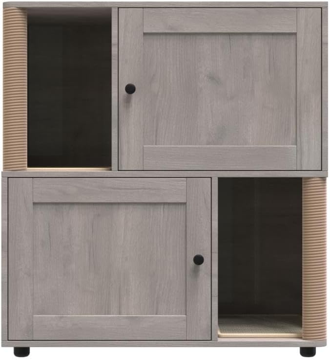 GarveeLife Cat Litter Box Enclosure for 2 Cats, Litter Box Enclosure with Double Room, Hidden Enclosed Cat Litter Box Furniture with Scratch Posts and Double-Layer Litter Mats Grey