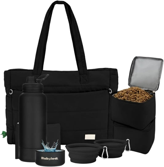 rubyloo Dog Mom Essentials Bundle - Puffer Tote with Storage Containers (Black) and 32 oz Water Bottle with Detachable Bowl (Solid Black) - Travel Bag and Hydration Set