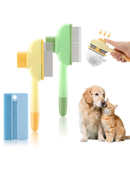 Pet Comb for Dogs Cats Brush, Flea Comb with Long Short Stainless Steel, Self-Cleaning Pet Brush for Shedding