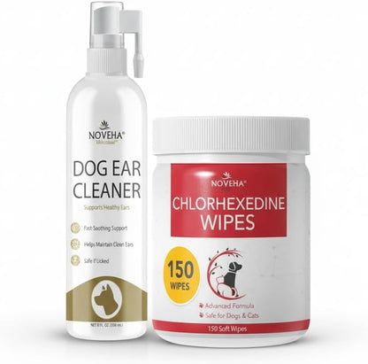 NOVEHA 1 Pet Wipes (150 ct) + Dog Wound Therapy Spray 8 oz | Skin & Hygiene Care Kit for Dogs & Cats