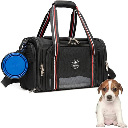 CAGA Soft-Sided Pet Carrier - Ventilated Foldable & Collapsible Under Seat Travel Kennel with Pockets for Small to Medium Dogs & Cats up to 15 lbs (Black)
