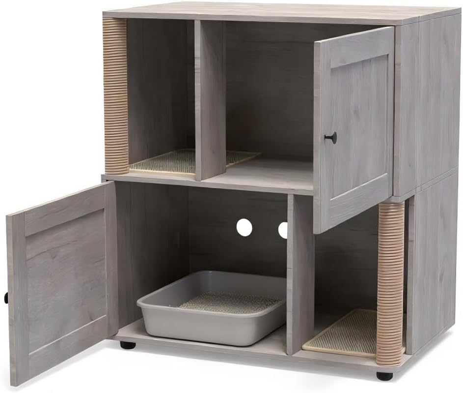 GarveeLife Cat Litter Box Enclosure for 2 Cats, Litter Box Enclosure with Double Room, Hidden Enclosed Cat Litter Box Furniture with Scratch Posts and Double-Layer Litter Mats Grey