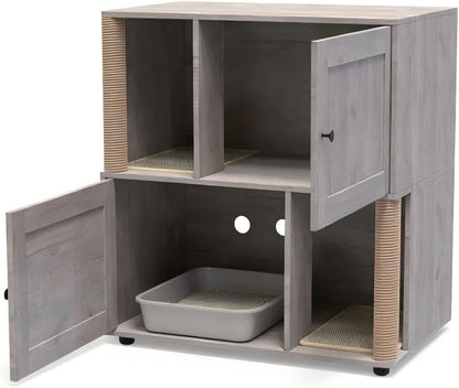 GarveeLife Cat Litter Box Enclosure for 2 Cats, Litter Box Enclosure with Double Room, Hidden Enclosed Cat Litter Box Furniture with Scratch Posts and Double-Layer Litter Mats Grey